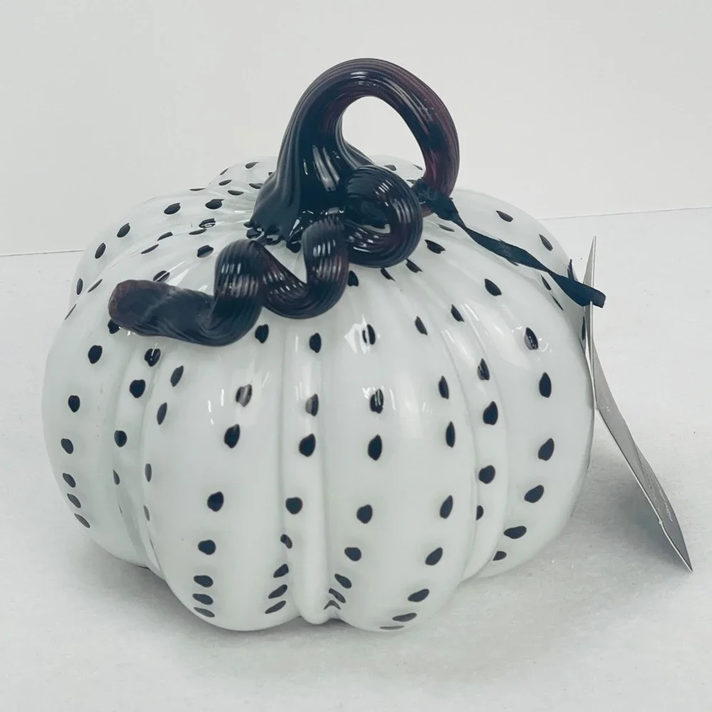 Christian Siriano New York Glass Pumpkin Decor White Black Polka Dot Purple Stem